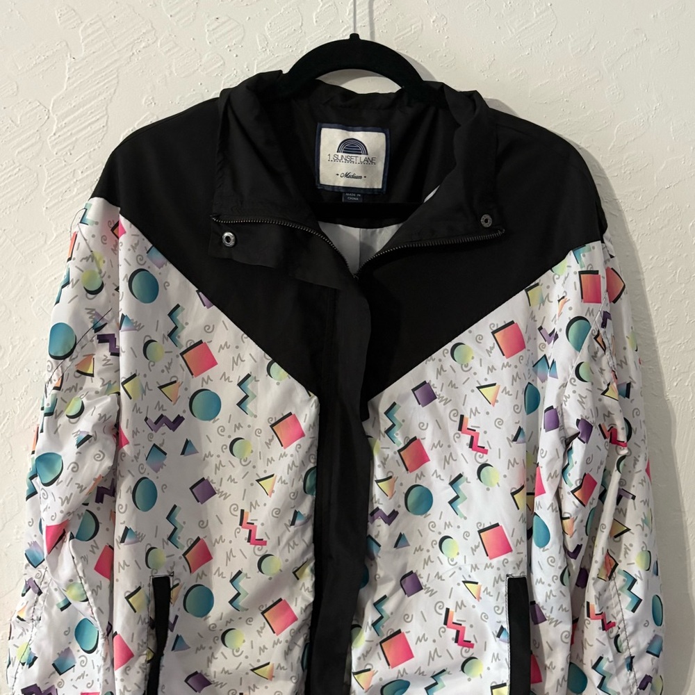 1 Sunset Lane Women's M Colorful Retro Windbreaker Jacket Mock Neck Zip 80s 90s